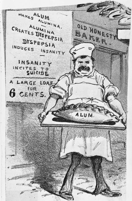 Framed Print : Illustration of Baker Holding Loaf of Bread Containing Alum Framed Print : Illustration of Baker Holding Loaf of Bread Containing Alum