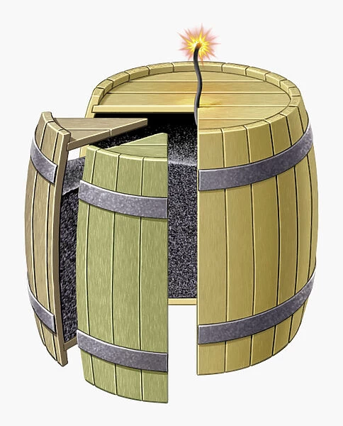 Illustration of barrel containing gunpowder with fuse lit