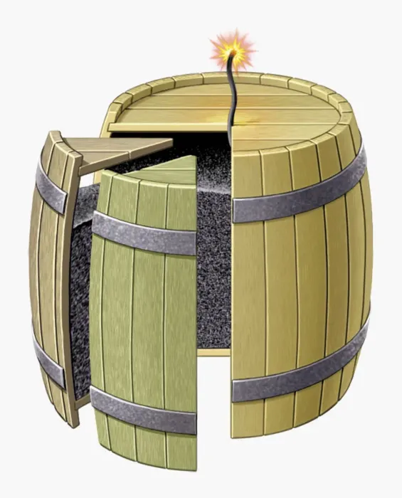 Framed Print : Illustration of barrel containing gunpowder with fuse lit