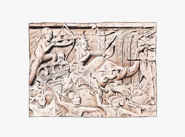 Framed Print : Illustration of bas relief showing Khmer and Champa warriors, Angkor Wat, Angkor, Cambodia Framed Print : Illustration of bas relief showing Khmer and Champa warriors, Angkor Wat, Angkor, Cambodia