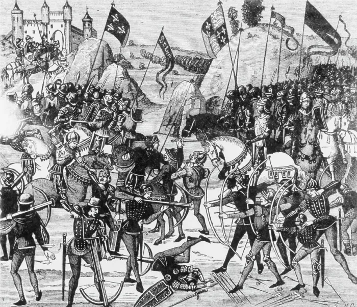 Framed Print : Illustration of the Battle of Crecy near Castle Framed Print : Illustration of the Battle of Crecy near Castle