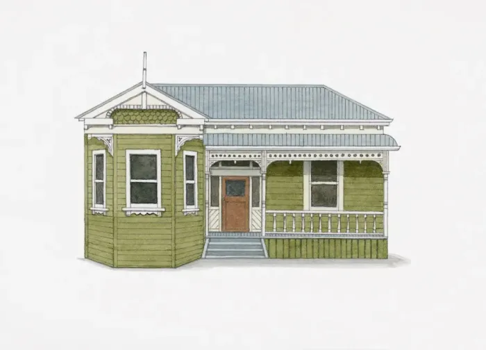 Framed Print : Illustration of bay fronted villa, a standard domestic house in 1900s New Zealand Framed Print : Illustration of bay fronted villa, a standard domestic house in 1900s New Zealand