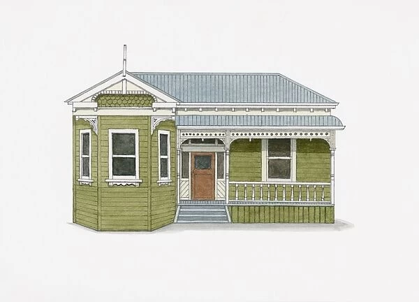 Illustration of bay fronted villa, a standard domestic house in 1900s New Zealand