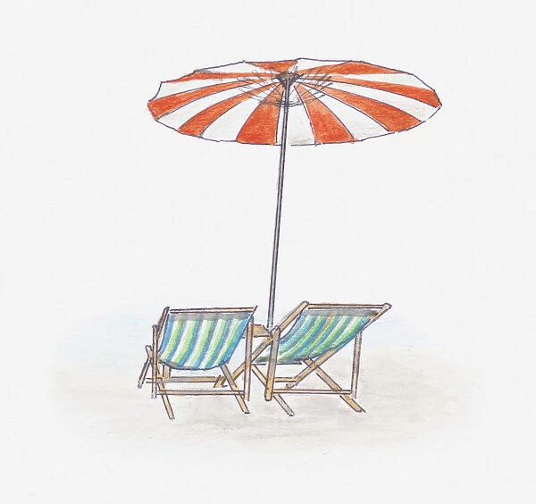 Illustration of beach umbrella providing shade above two deckchairs