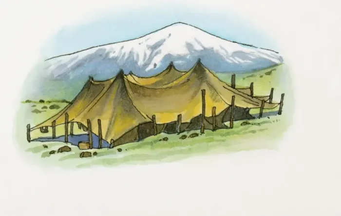 Framed Print : Illustration of Bedoiun tent on Black Sea coast, with snow covered mountain in background
