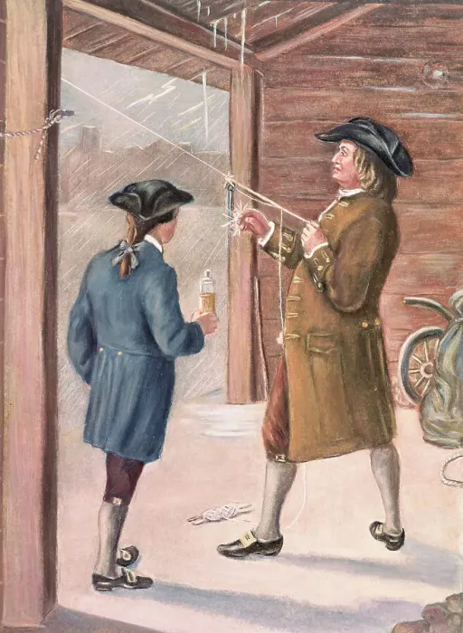 Framed Print : Illustration of Benjamin Franklin and Assistant Performing Lightning Experiment Framed Print : Illustration of Benjamin Franklin and Assistant Performing Lightning Experiment