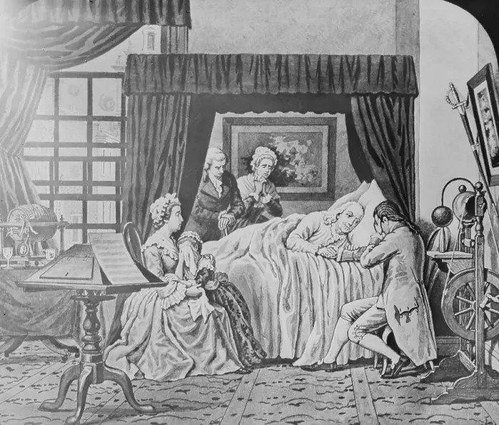Framed Print : Illustration of Benjamin Franklin on His Death Bed Framed Print : Illustration of Benjamin Franklin on His Death Bed