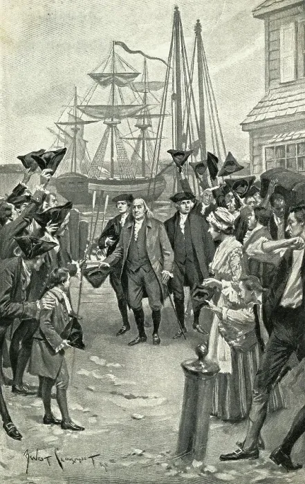 Framed Print : Illustration of Benjamin Franklin's Return to Philadelphia by Benjamin West Clinedinst Framed Print : Illustration of Benjamin Franklin's Return to Philadelphia by Benjamin West Clinedinst