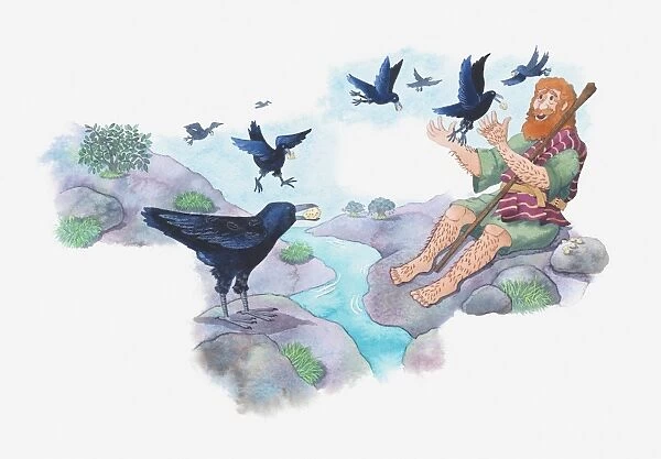 Illustration of a bible scene, 1 Kings 17, God protects Elijah from King Ahab and hides him in a place with plenty of water where he is fed by ravens