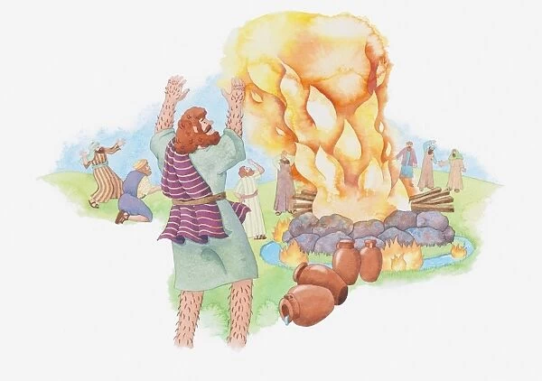 Illustration of a bible scene, 1 Kings 18, Elijah proves Gods existence by praying to him to set a damp pile of wood and stones on fire
