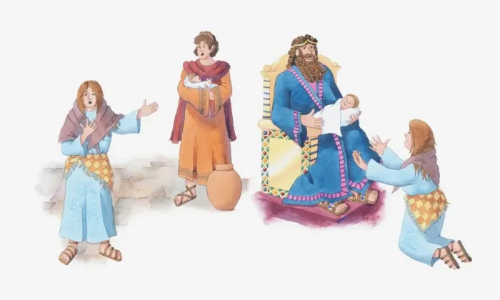 Framed Print : Illustration of a bible scene, 1 Kings 3, King Solomon solves a dispute between two women over who is mother of their child Framed Print : Illustration of a bible scene, 1 Kings 3, King Solomon solves a dispute between two women over who is mother of their child