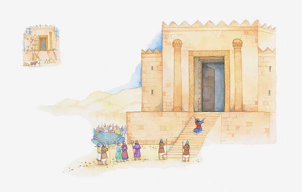 Illustration of a bible scene, 1 Kings 6, 8, King Solomon builds the first Temple to God in Jerusalem