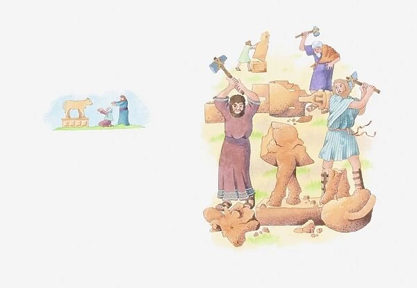 Illustration of a bible scene, 2 Kings 18, King Hezekiah of Judah destroys all idols