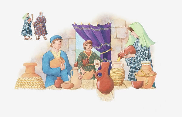 Illustration of a bible scene, 2 Kings 4, Jars of Oil, Elisha advises a poor family to pour olive oil from their jar into empty ones, God ensures the oil never runs out