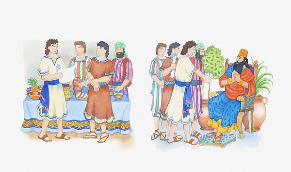 Illustration of a bible scene, Daniel 2, Daniel and Nebuchadnezzar, Daniel interprets the kings dreams