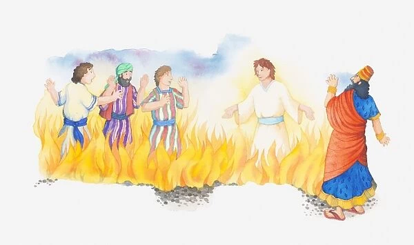 Illustration of a bible scene, Daniel 3, The Fiery Furnace, Daniels friends Shadrach, Meshach and Abednego saved by Gods angel, Nebuchadnezzar looks on
