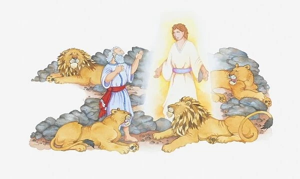 Illustration of a bible scene, Daniel 6, Daniel in the lions den, protected by an angel