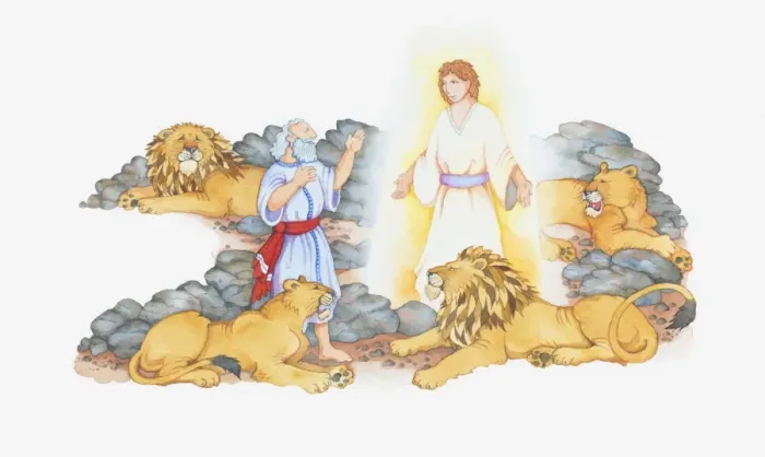 Framed Print : Illustration of a bible scene, Daniel 6, Daniel in the lions den, protected by an angel Framed Print : Illustration of a bible scene, Daniel 6, Daniel in the lions den, protected by an angel