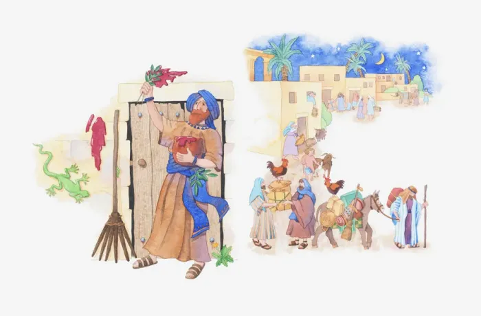 Framed Print : Illustration of a bible scene, Exodus 12, Passover, Moses instructs Gods people how to keep safe and the pharaoh agrees to let them leave Egypt Framed Print : Illustration of a bible scene, Exodus 12, Passover, Moses instructs Gods people how to keep safe and the pharaoh agrees to let them leave Egypt