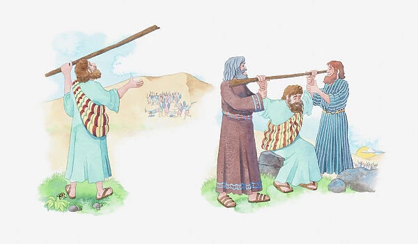 Illustration of a bible scene, Exodus 17, Moses holds his staff up to God, his brother Aaron and Hur help him hold the staff until sunset, Amalekite army in the background