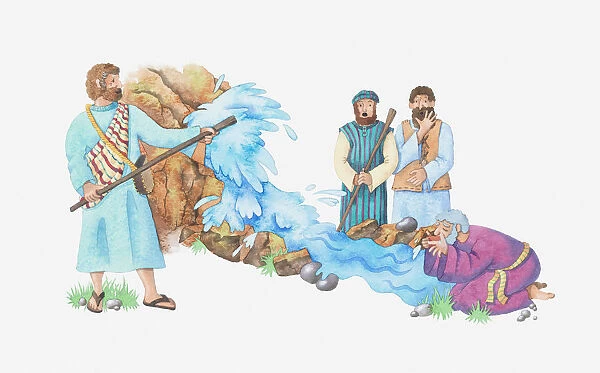 Illustration of a bible scene, Exodus 17, Water from rock, Moses strikes the rock with his staff and water for the thirsty Israelites pours from it
