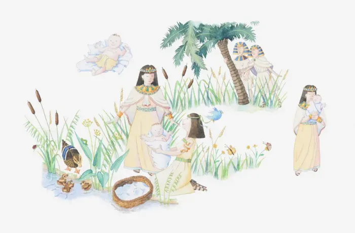 Framed Print : Illustration of a bible scene, Exodus 2, Baby Moses, Moses is left in a basket on the banks of the Nile by his mother, the pharaohs daughter finds him and he becomes her son Framed Print : Illustration of a bible scene, Exodus 2, Baby Moses, Moses is left in a basket on the banks of the Nile by his mother, the pharaohs daughter finds him and he becomes her son