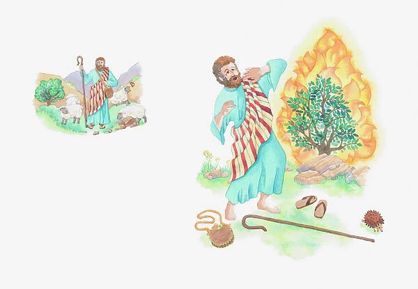 Illustration of a bible scene, Exodus 3, Moses and the Burning Bush, God reveals himself to Moses and instructs him to lead the Israelites out of Israel