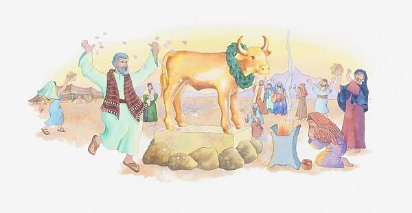 Illustration of a bible scene, Exodus 31-32, Golden Calf, the Israelites worship an idol while Moses is absent on Mount Sinai