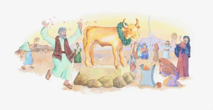 Framed Print : Illustration of a bible scene, Exodus 31-32, Golden Calf, the Israelites worship an idol while Moses is absent on Mount Sinai