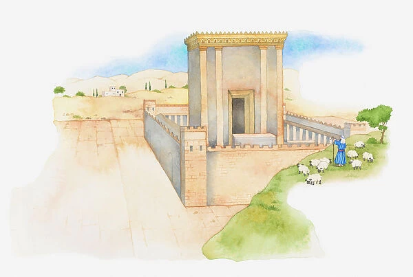 Illustration of a bible scene, Ezra 1-6, King Darius allows the Jews to rebuild the Holy Temple