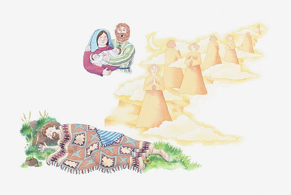 Illustration of a bible scene, Genesis 28, Jacobs ladder, Jacob dreams of angels descending and ascending steps to Heaven