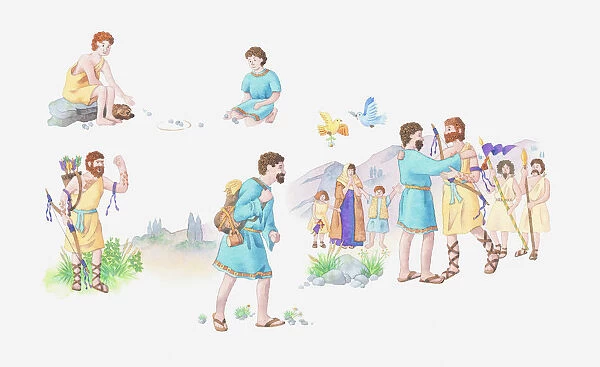 Illustration of a bible scene, Genesis 33, Jacob and Esau, the twins are reunited years after they quarrelled and Jacob left