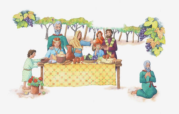 Illustration of a bible scene, Job 1, Jobs family feasting at his brothers house