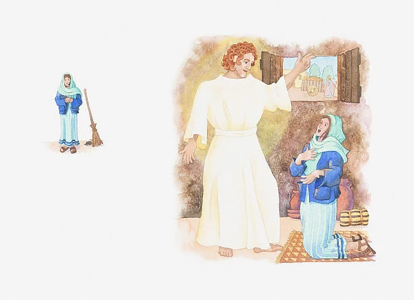 Illustration of a bible scene, Luke 1, Angel Gabriel visits Mary and tells her God wishes her to be mother of his child