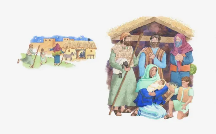 Framed Print : Illustration of a bible scene, Luke 2, the shepherds travel to Bethlehem to see baby Jesus Framed Print : Illustration of a bible scene, Luke 2, the shepherds travel to Bethlehem to see baby Jesus