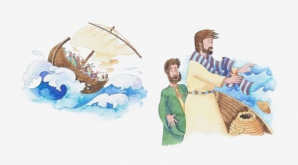 Illustration of a bible scene, Luke 8, Jesus calms the storm and saves his disciples
