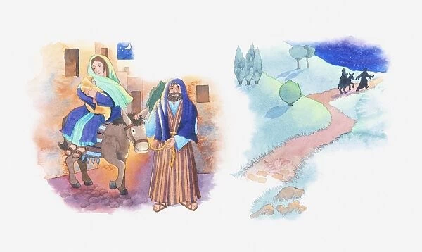Illustration of a bible scene, Matthew 2, Mary and Joseph flee Bethlehem for Egypt to save Jesus from King Herod
