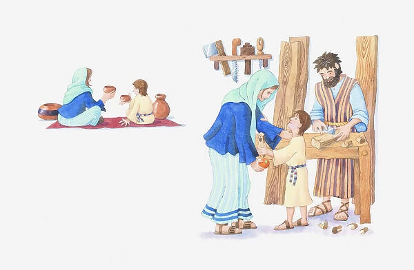 Illustration of a bible scene, Matthew 2, Luke 2, young Jesus growing up in Nazareth