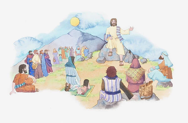 Illustration of a bible scene, Matthew 5, Jesus gives a sermon from the summit of a mountain