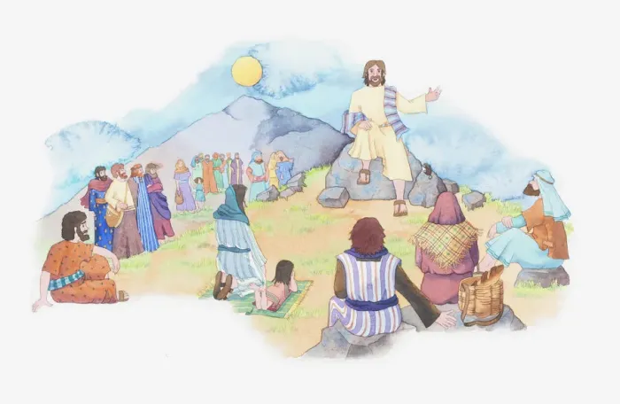 Framed Print : Illustration of a bible scene, Matthew 5, Jesus gives a sermon from the summit of a mountain Framed Print : Illustration of a bible scene, Matthew 5, Jesus gives a sermon from the summit of a mountain