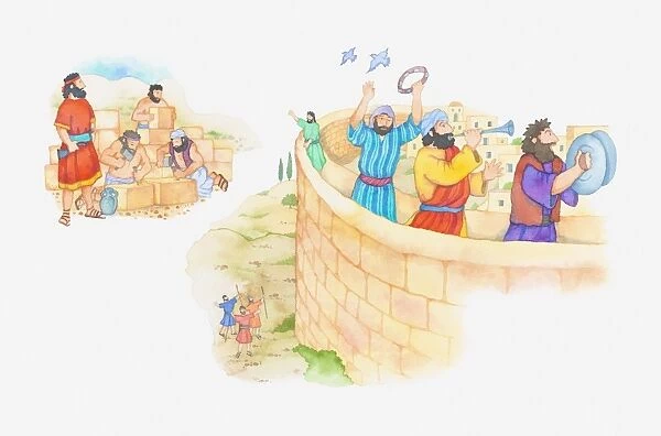 Illustration of a bible scene, Nehemiah 3, 12, Gods people build a wall around Jerusalem