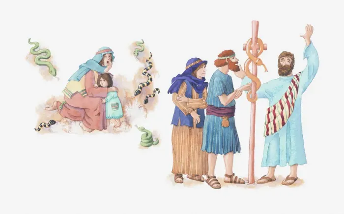 Framed Print : Illustration of a bible scene, Numbers 21, God punishes the Israelites for speaking against him by sending fiery serpents, the Israelites pray to God who instructs Moses to make a pole with a brass serpent on it that will heal those who look upon it