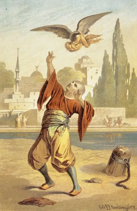 Framed Print : Illustration of a Bird Stealing a Man's Turban by Carl Offterdinger from The Arabian Nights Framed Print : Illustration of a Bird Stealing a Man's Turban by Carl Offterdinger from The Arabian Nights