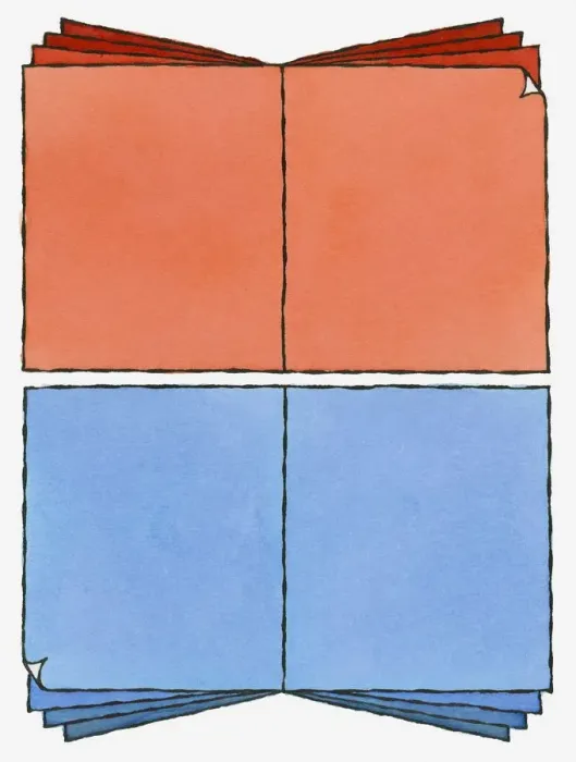 Framed Print : Illustration of blank orange and blue open pages, folded at two corners Framed Print : Illustration of blank orange and blue open pages, folded at two corners