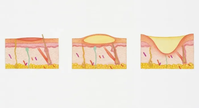 Framed Print : Illustration of blistering second degree burn in epidermis and dermis in three cross sections of human skin Framed Print : Illustration of blistering second degree burn in epidermis and dermis in three cross sections of human skin