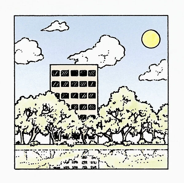 Illustration of block of flats and trees reflected in water below