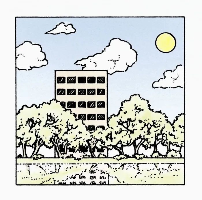 Framed Print : Illustration of block of flats and trees reflected in water below Framed Print : Illustration of block of flats and trees reflected in water below