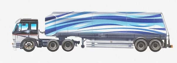 Illustration of blue and white striped fuel tanker
