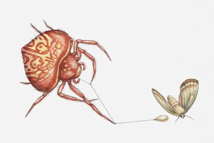 Framed Print : Illustration of Bolas spider (Cladomelea debeeri) catching moth with sticky lure at the end of a thread Framed Print : Illustration of Bolas spider (Cladomelea debeeri) catching moth with sticky lure at the end of a thread