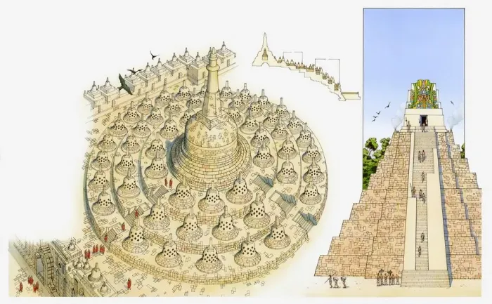 Framed Print : Illustration of Borobodur situated on hill in Java, and Temple of the Giant Jaguar in the Guatemala Framed Print : Illustration of Borobodur situated on hill in Java, and Temple of the Giant Jaguar in the Guatemala